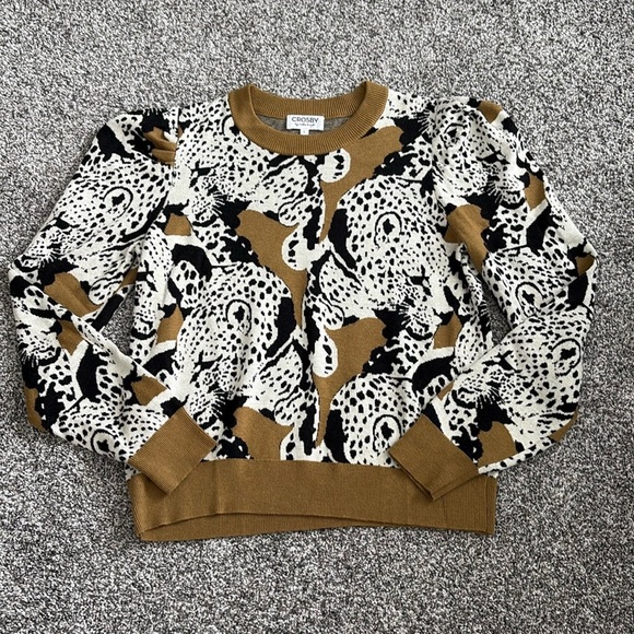 CROSBY Bixby Cashmere Blend Intarsia Leopard Crewneck Long Puff Sleeve  Sweater - Picture 2 of 6